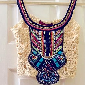 Signature8 Ivory Crochet Crop Top with Multicolor Bead and Stitching Detail